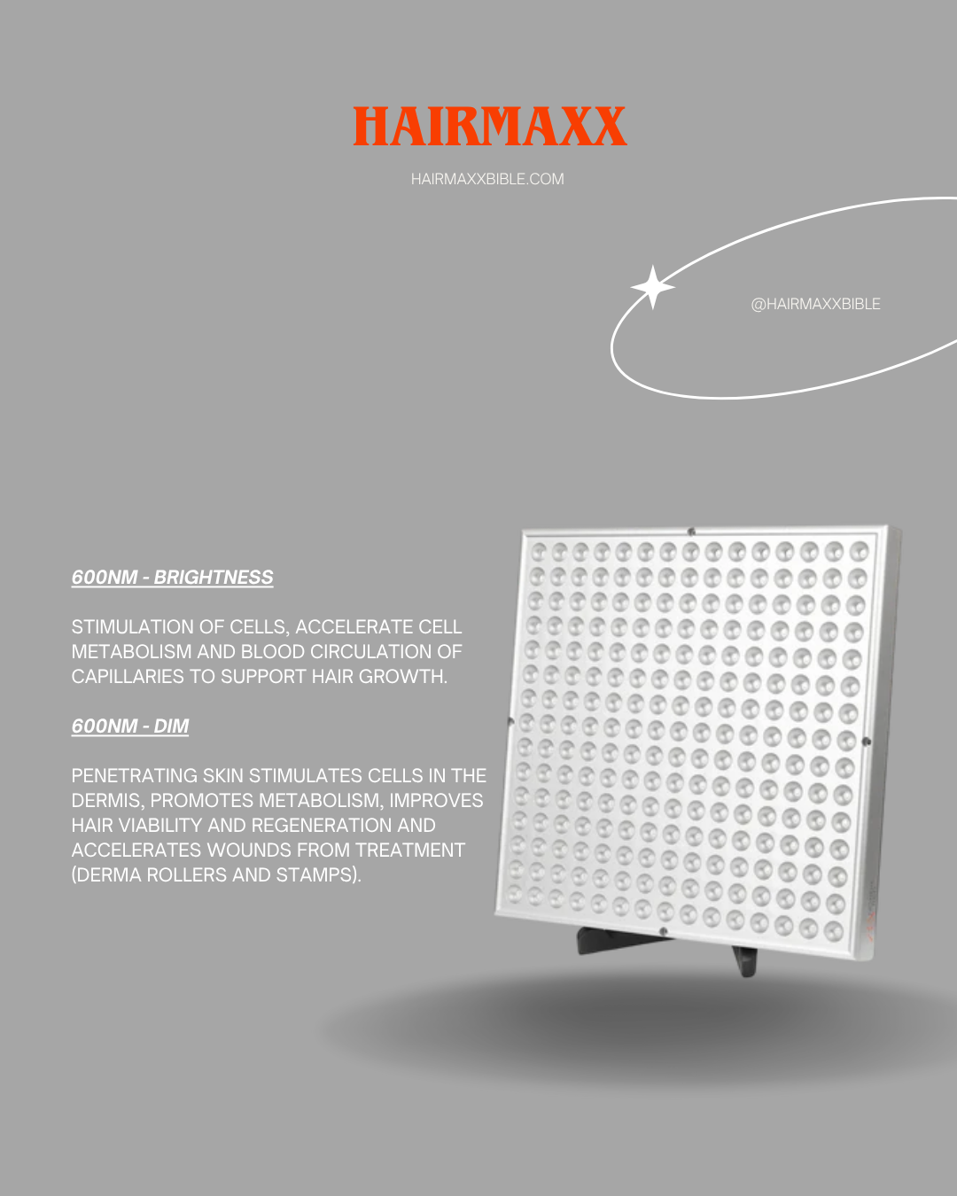 Close-up of HairMaxx LED red light panel showing dual-spectrum 650nm 850nm bulbs for hair restoration